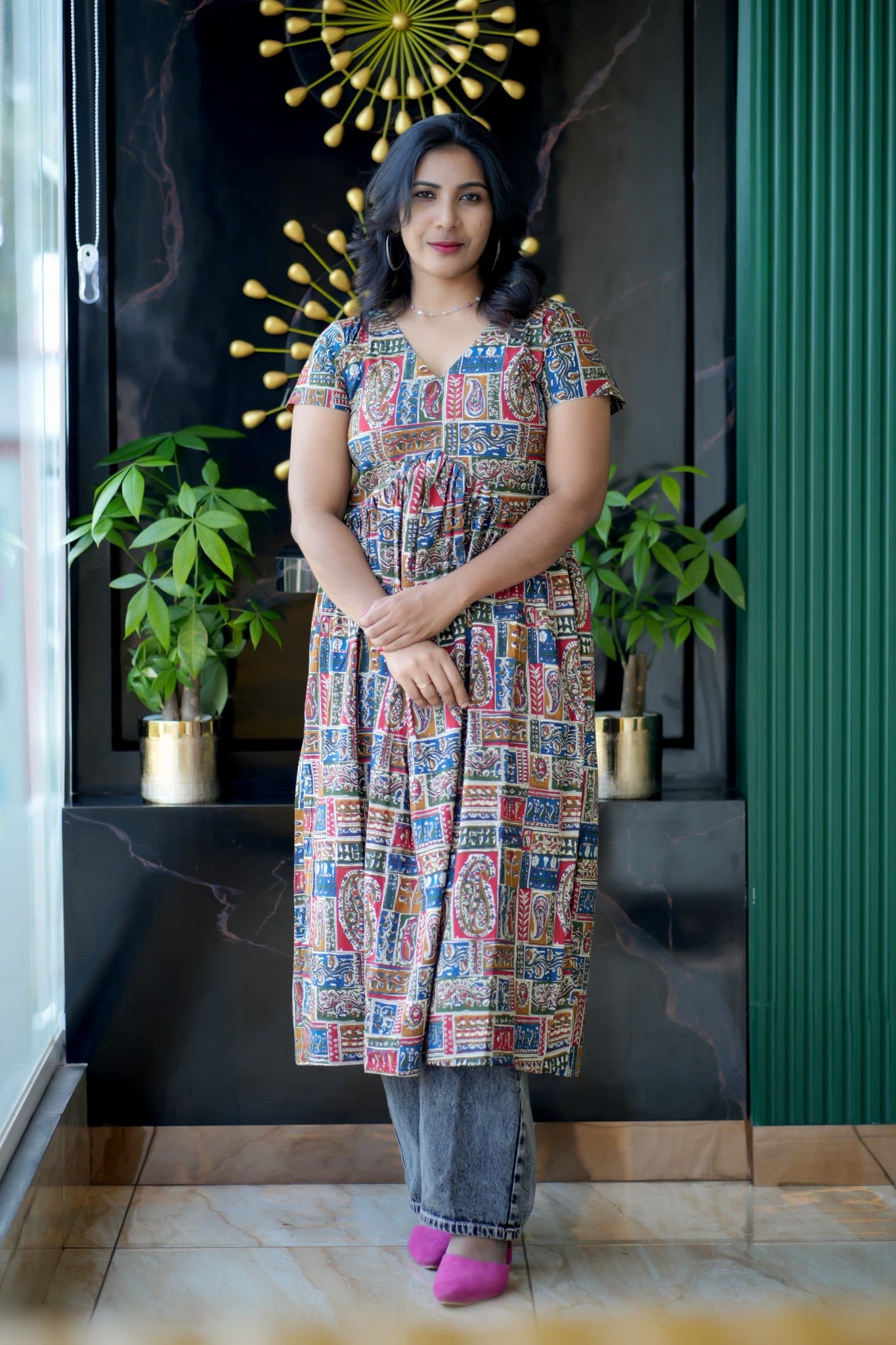 Multi-Color Printed Cotton A-Line Dress