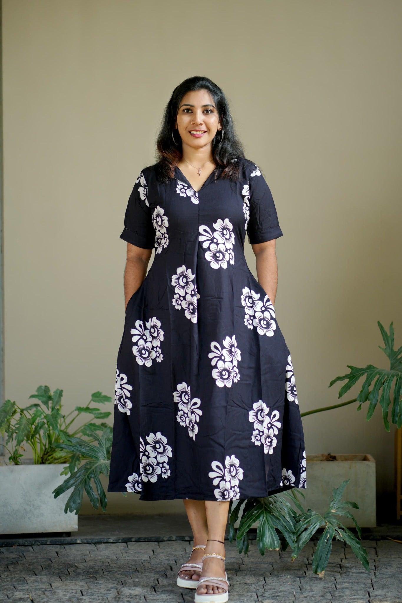 Black & White Floral Printed Cotton A-Line Dress