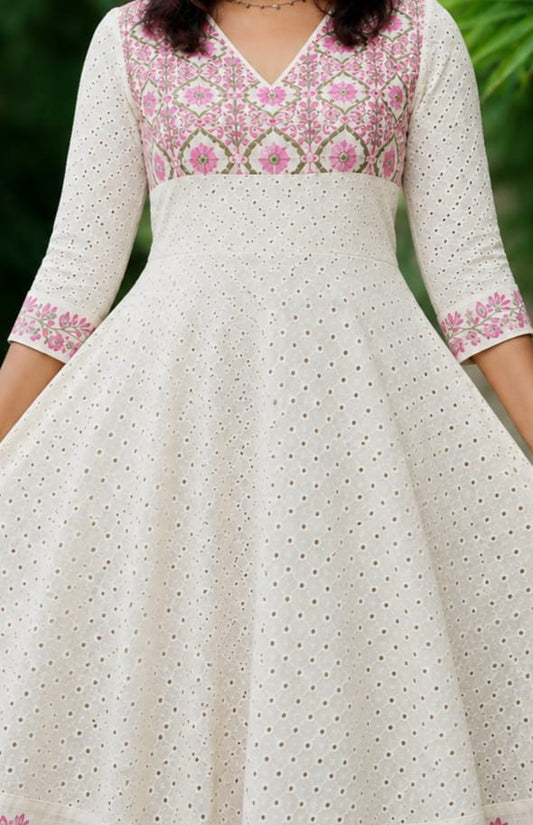 Ethereal White & Pink Floral Hakoba Flared Anarkali