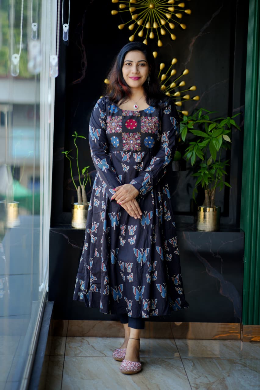 Premium Cotton Block-Printed Flared Anarkali Kurta