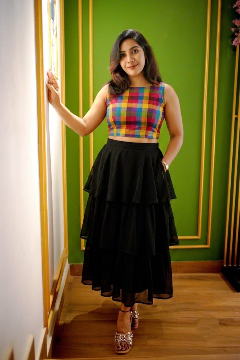 Multi-Color Checked Crop Top and Ruffle Tiered Long Skirt