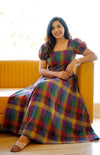 Multicolor Checked Flare Dress with Elegant Puff Sleeves