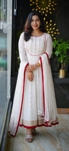 Timeless White Anarkali Suit with Handwork and Velvet-Trimmed Dupatta