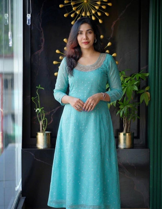 Premium Georgette Butta A-Line Kurti with Elegant Handwork Neckline