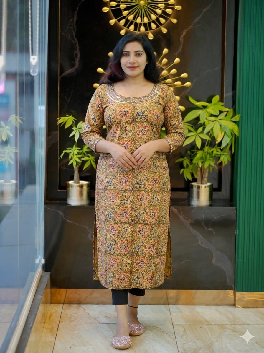Elegant Pure Kalamkari Cotton Slit Kurti with Handcrafted Yoke & Sleeves