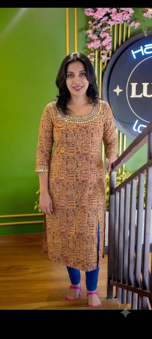 Elegant Pure Kalamkari Cotton Slit Kurti with Handcrafted Yoke & Sleeves