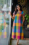 Vibrant Multicolor Checked Cotton A-Line Frock with Peter Pan Collar