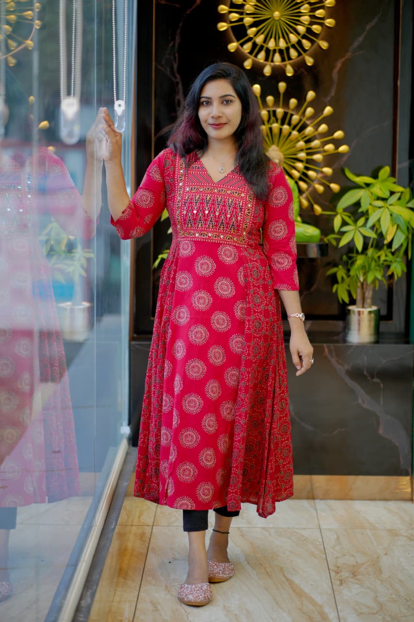 Ethnic Elegance Flared Kurti with Intricate Embroidered Yoke