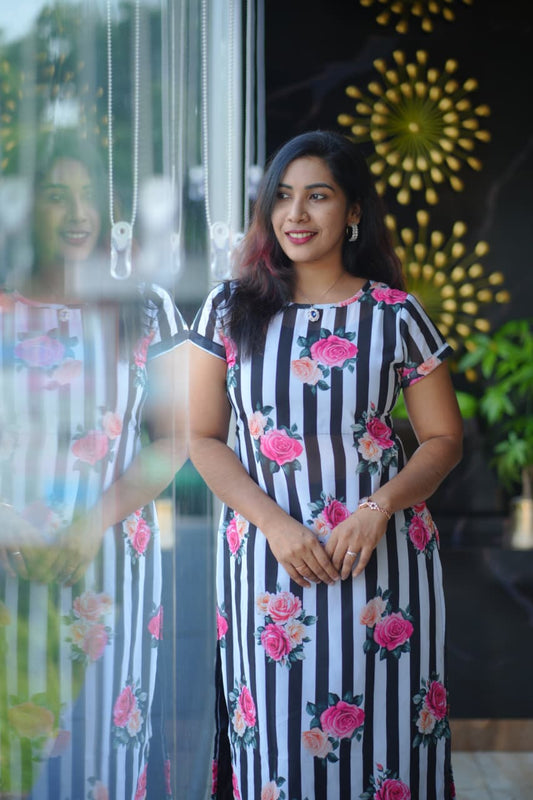 Elegant Floral Print Striped Georgette Kurti And Pant