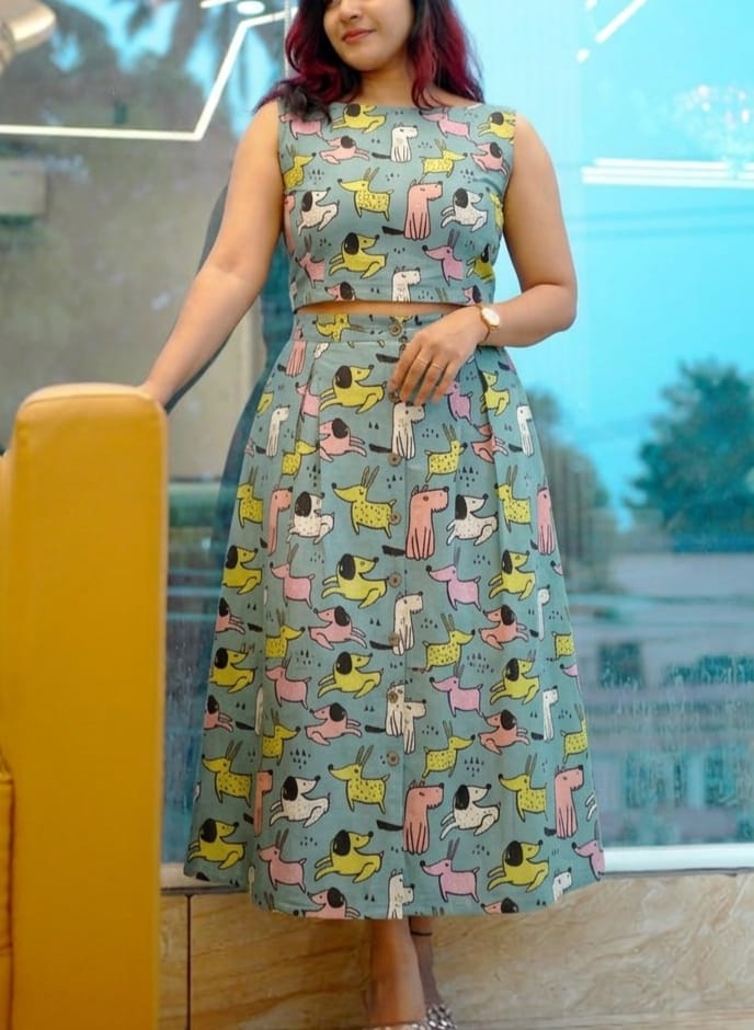 Ethnic Print Cotton Midi Skirt & Top