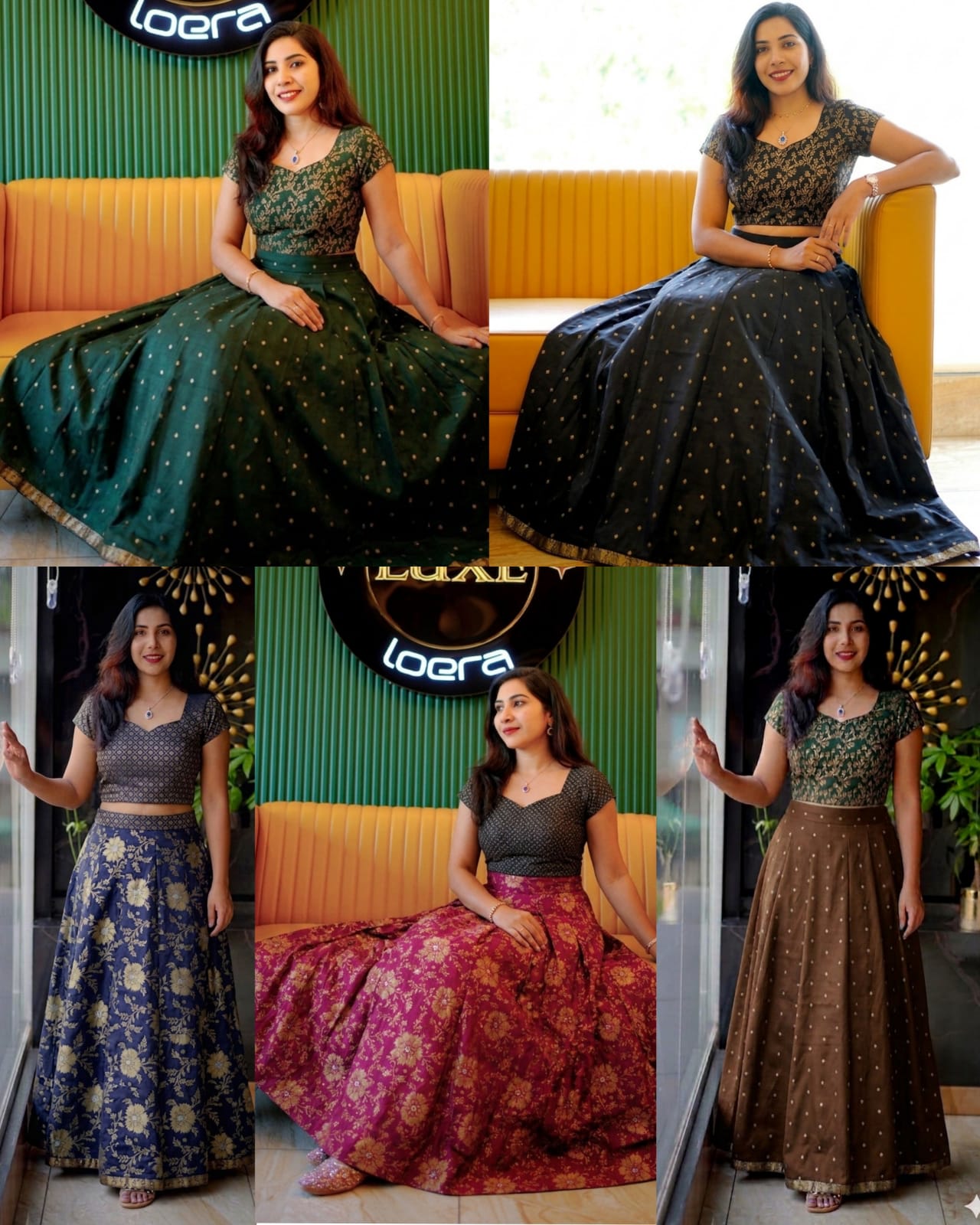 Elegant Ethnic Brocade Skirt and Crop Top Set with Golden Booti Work