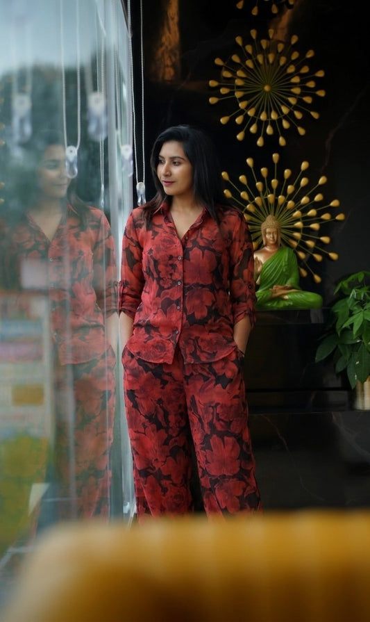 Crimson Floral Georgette Co-ord Set