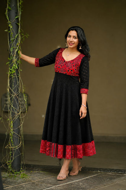 Crimson Noir Hakoba Fusion Flared Kurti