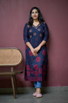 Navy Blue Floral Printed Straight Kurti