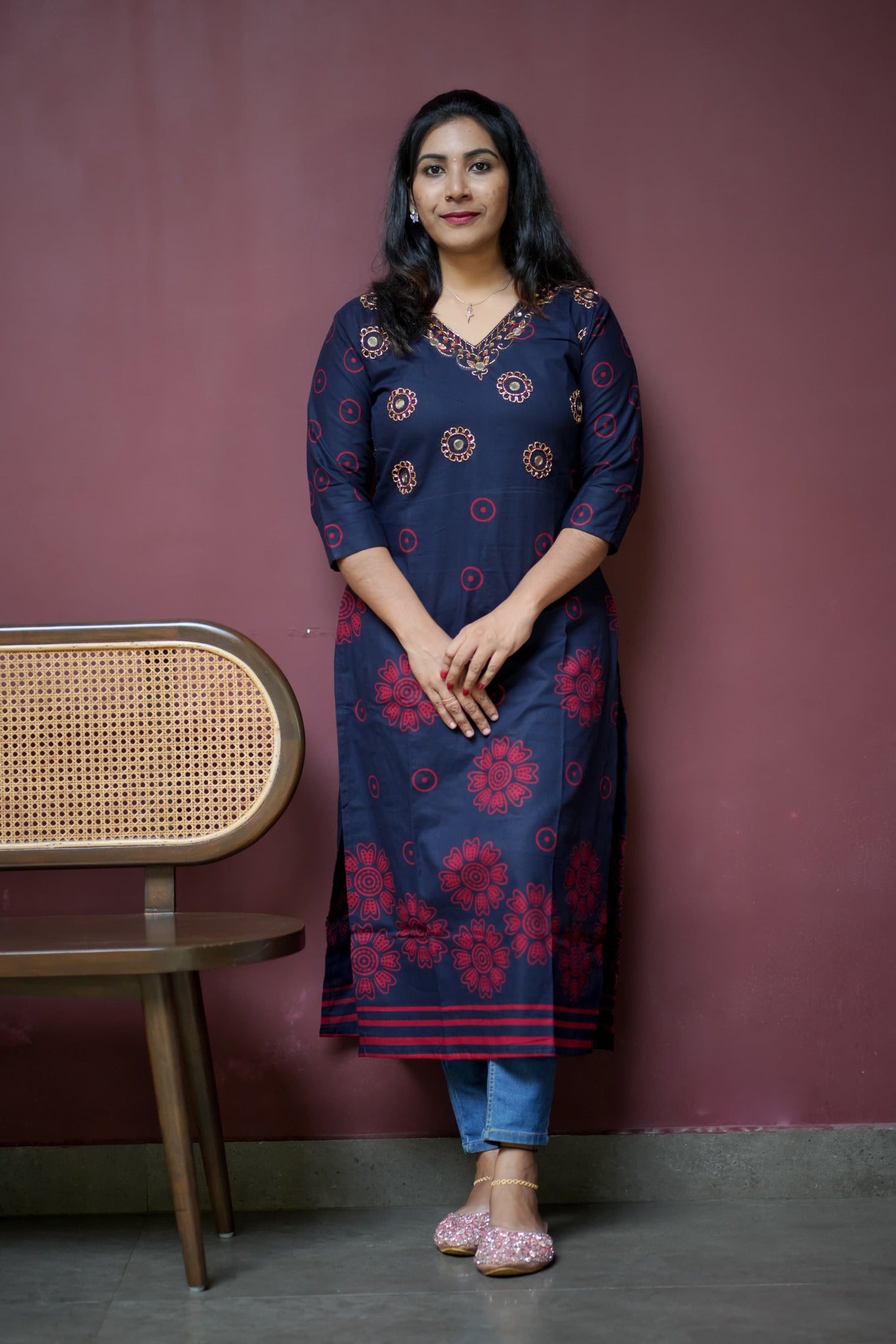 Navy Blue Floral Printed Straight Kurti