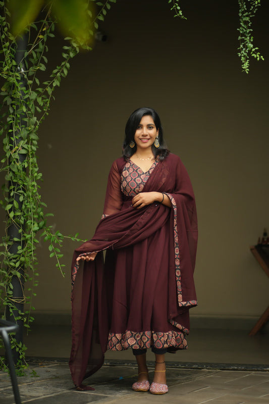 Wine Anarkali Suit Set with Dupatta
