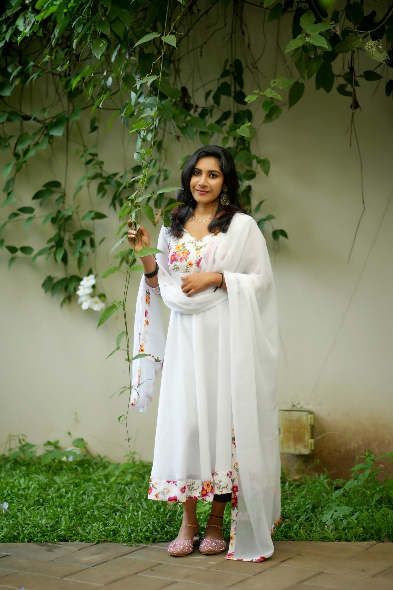 White Floral Anarkali Suit Set with Dupatta