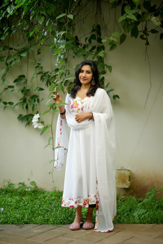 White Floral Anarkali Suit Set with Dupatta