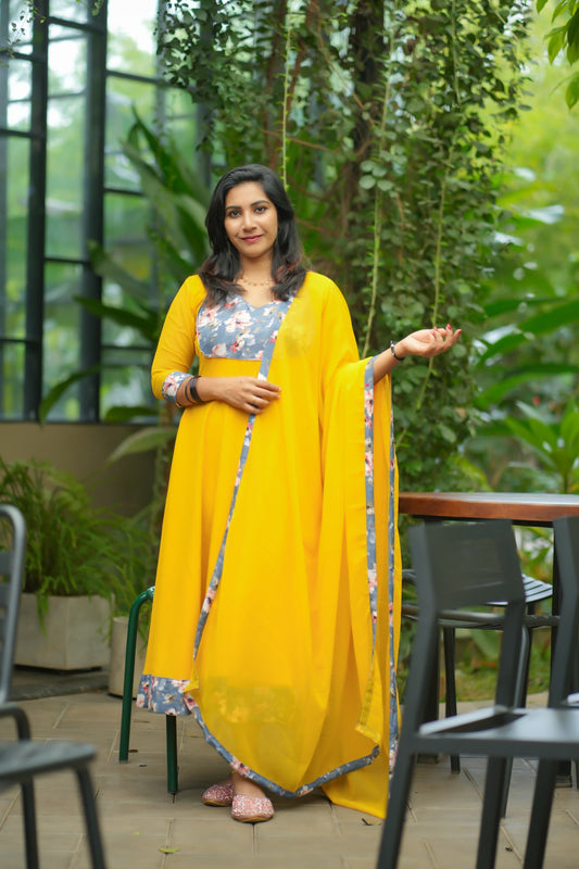 Yellow & Grey Printed Anarkali Suit Set with Dupatta