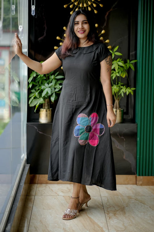 Chic Black Rayon Dress with Multicolored Floral Applique Work