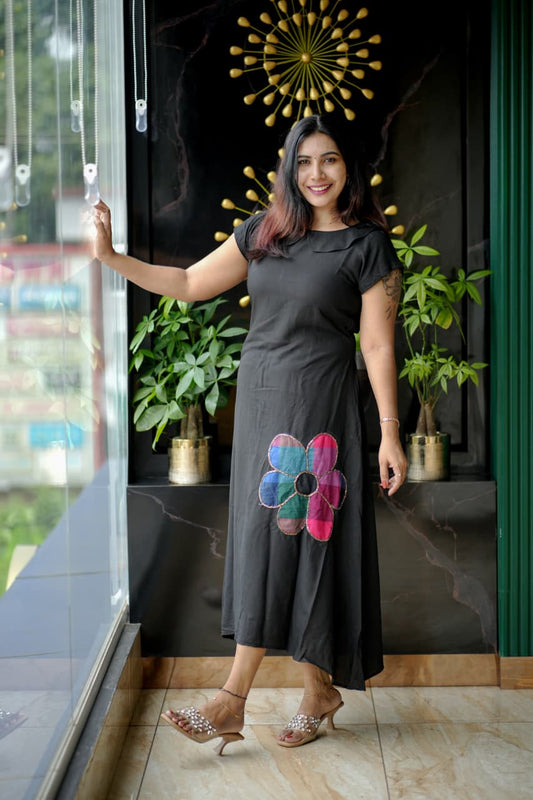 Chic Black Rayon Dress with Multicolored Floral Applique Work