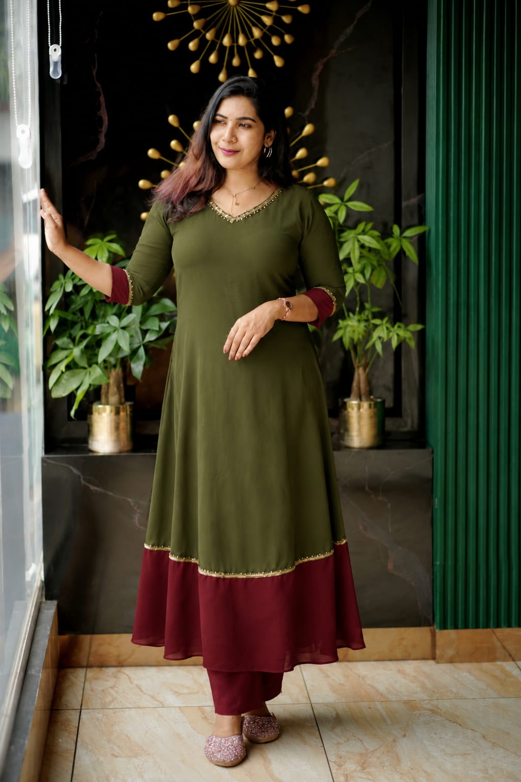 Graceful V-Spliced Flair A-Line Dress