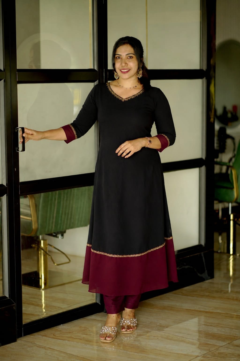 Graceful V-Spliced Flair A-Line Dress