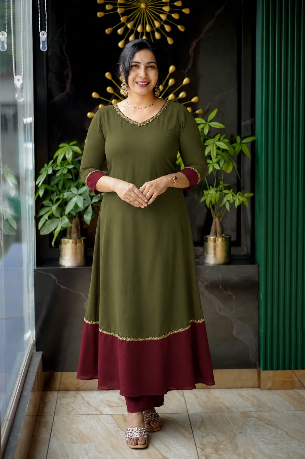 Graceful V-Spliced Flair A-Line Dress