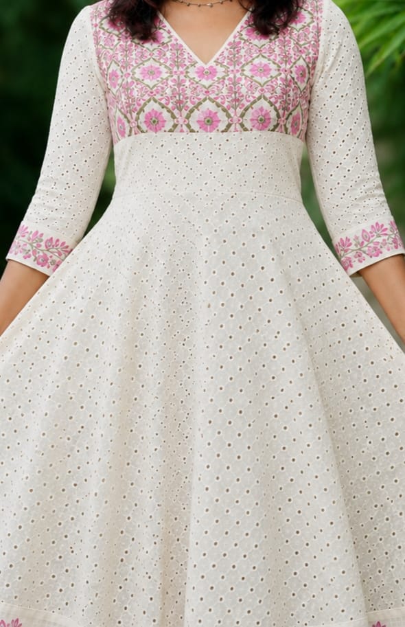 Ethereal White & Pink Floral Hakoba Flared Anarkali