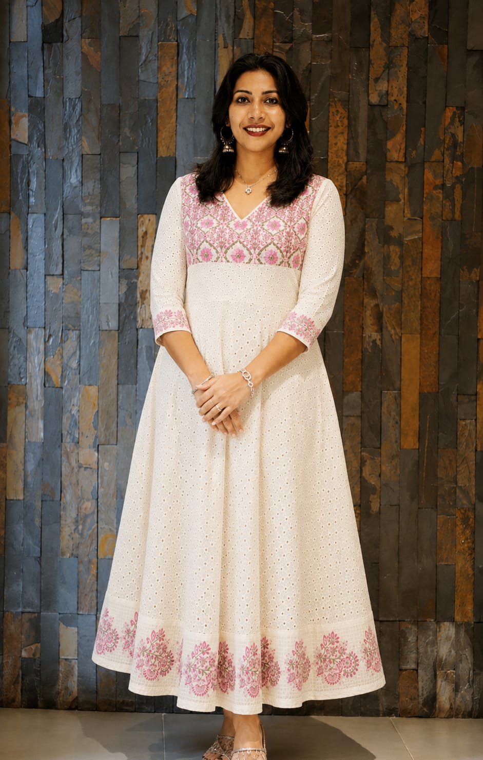 Ethereal White & Pink Floral Hakoba Flared Anarkali