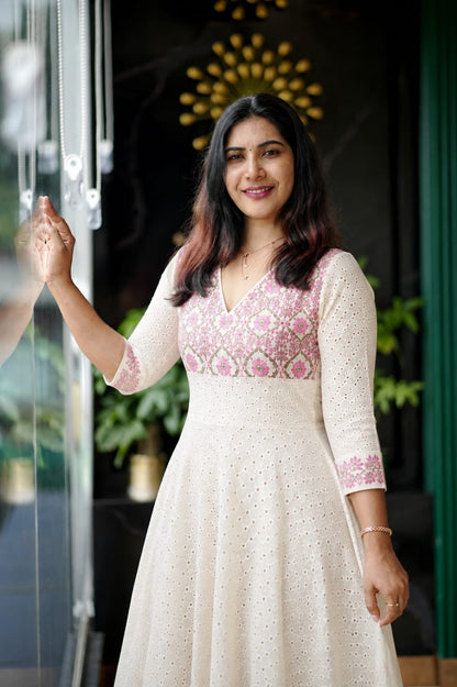 Ethereal White & Pink Floral Hakoba Flared Anarkali