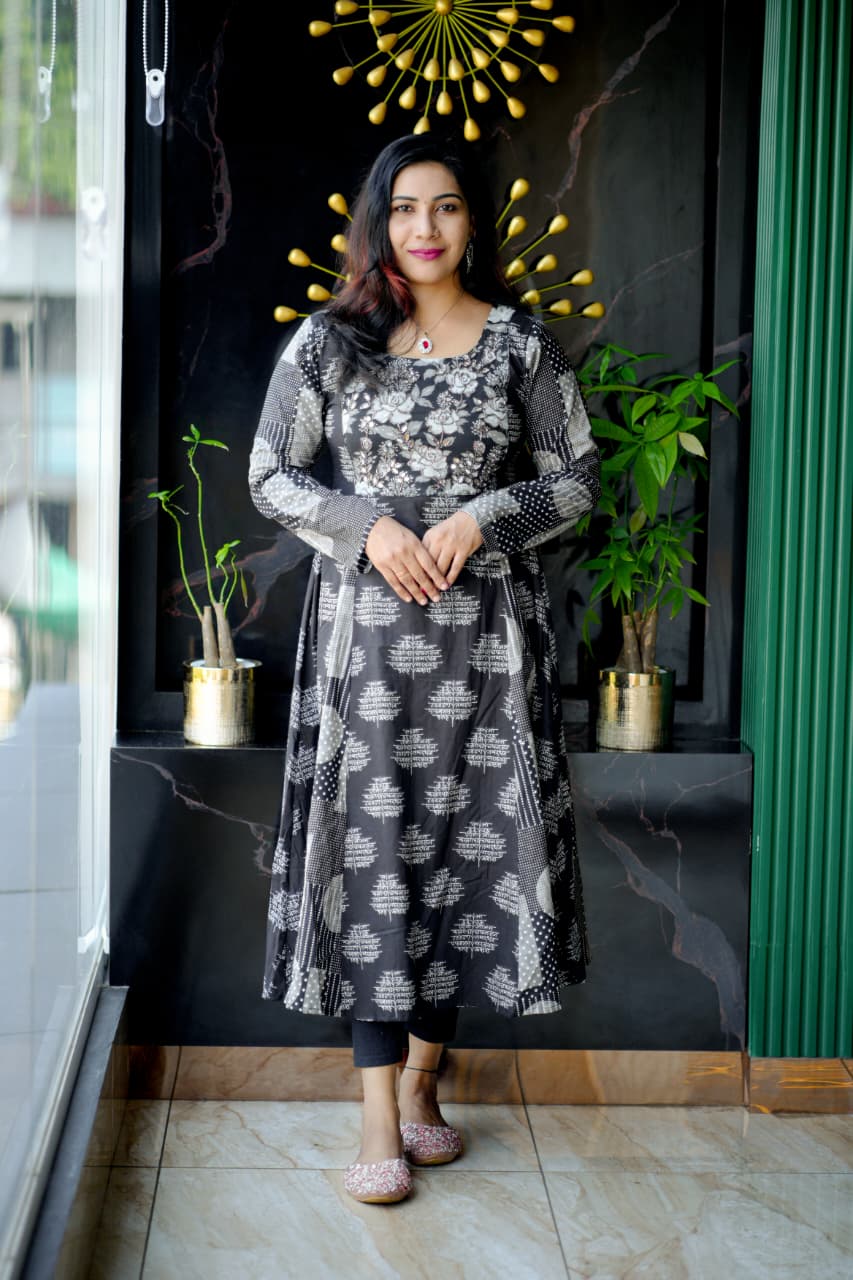 Premium Cotton Block-Printed Flared Anarkali Kurta