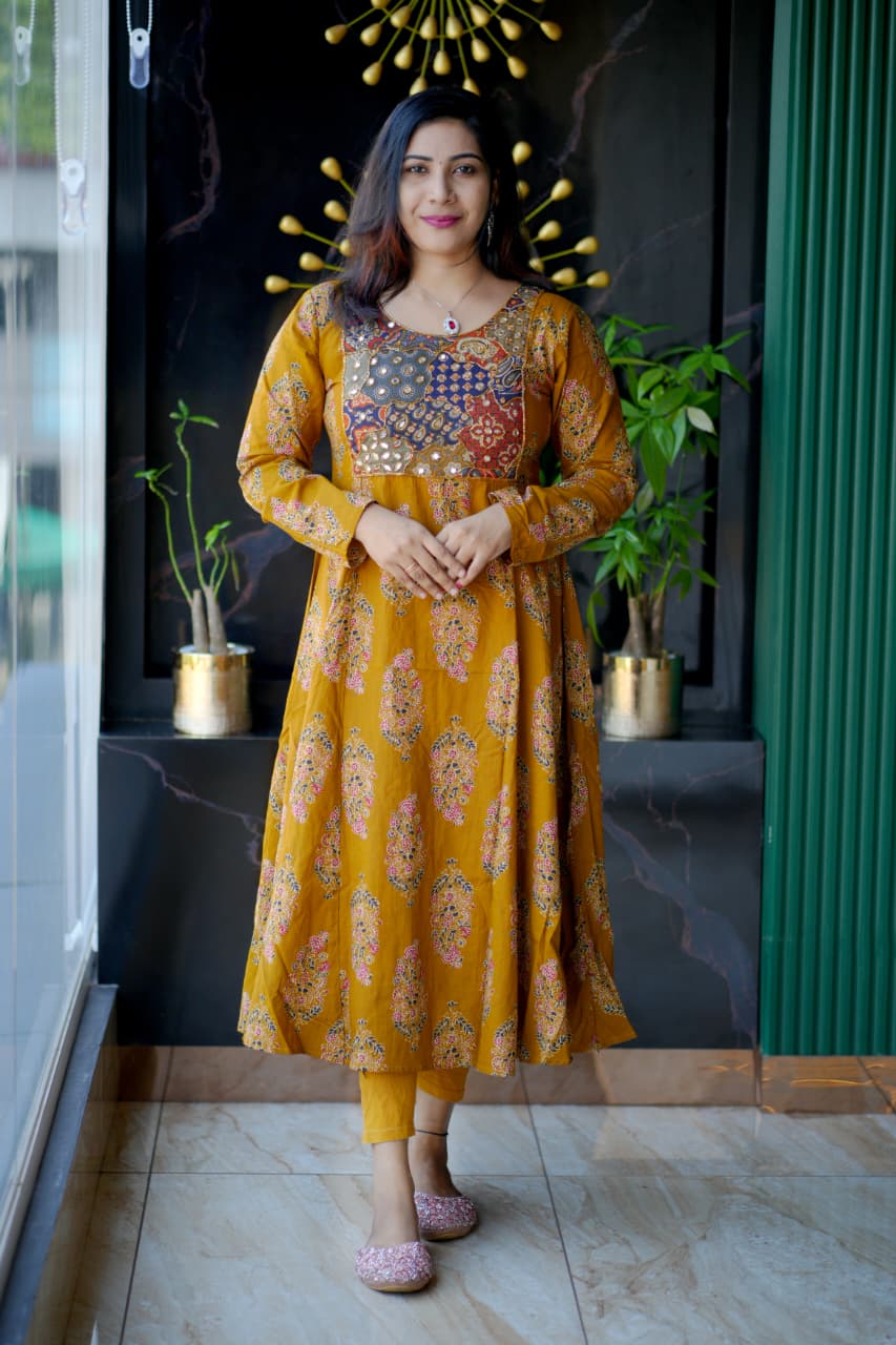 Premium Cotton Block-Printed Flared Anarkali Kurta