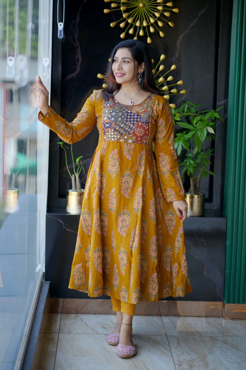 Premium Cotton Block-Printed Flared Anarkali Kurta