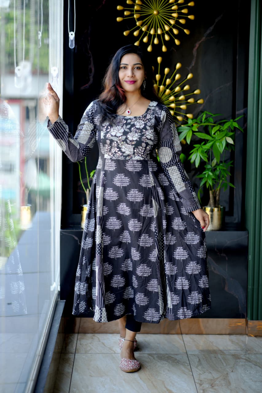Premium Cotton Block-Printed Flared Anarkali Kurta
