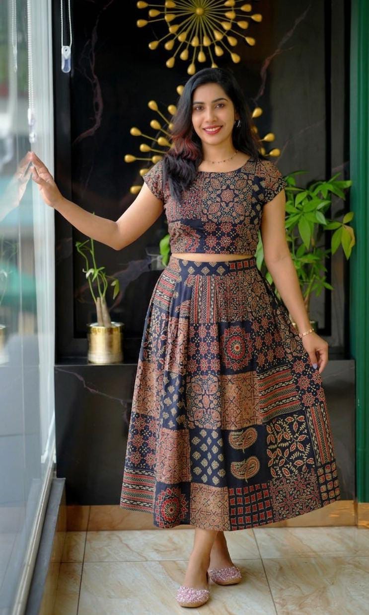 100% Cotton Printed Crop Top & Midi Skirt Set