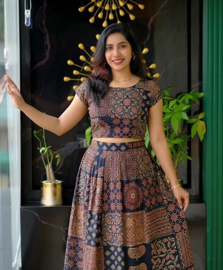 100% Cotton Printed Crop Top & Midi Skirt Set