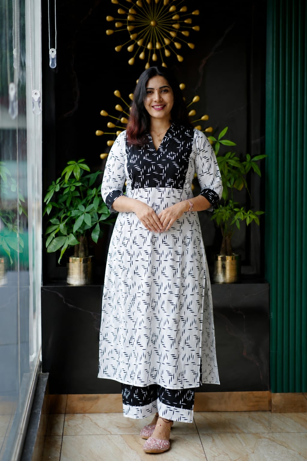 Elegant Black and White Printed Pure Cotton Straight Kurti with Matching Pants Set