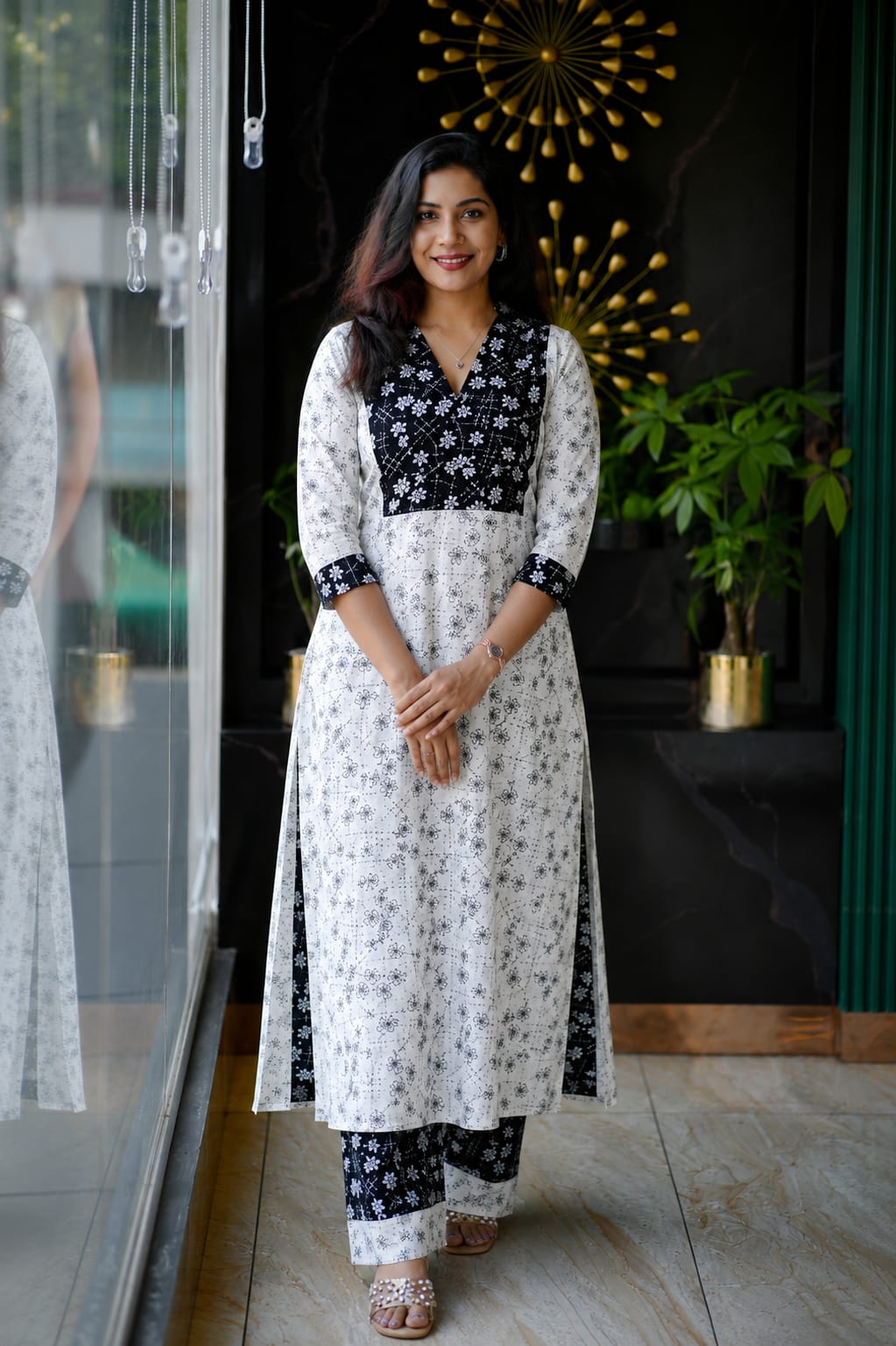 Elegant Black and White Printed Pure Cotton Straight Kurti with Matching Pants Set