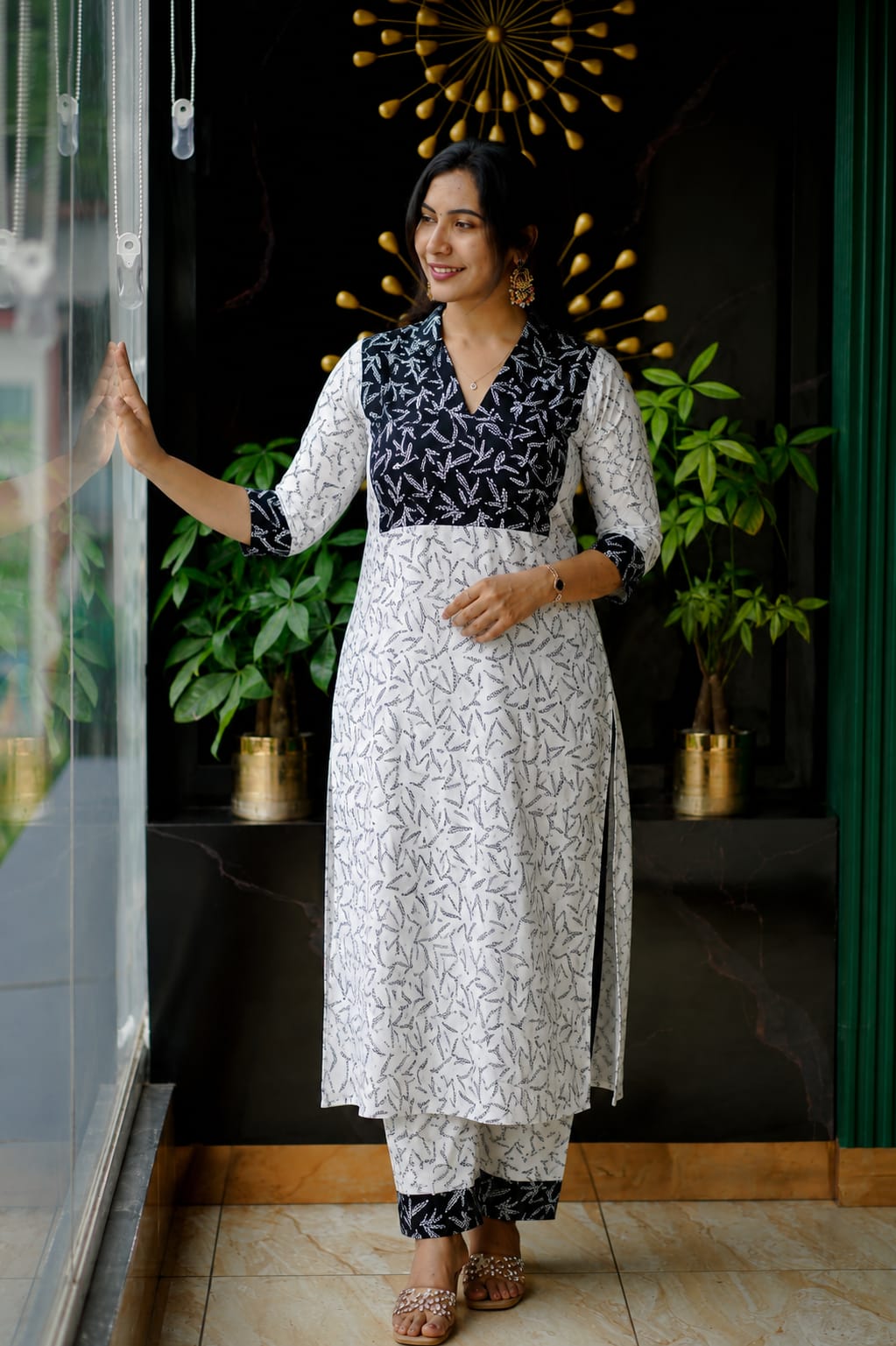 Elegant Black and White Printed Pure Cotton Straight Kurti with Matching Pants Set