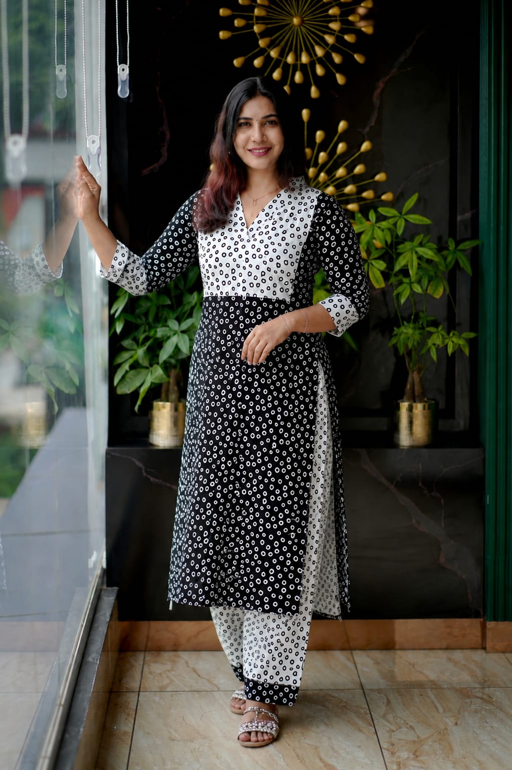 Elegant Black and White Printed Pure Cotton Straight Kurti with Matching Pants Set