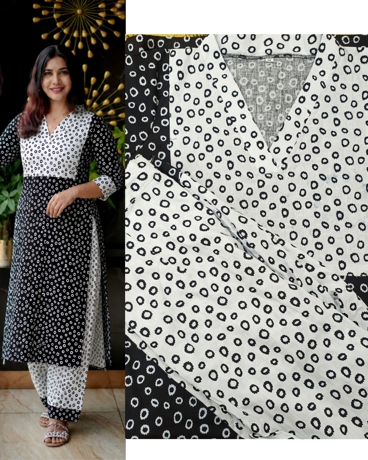 Elegant Black and White Printed Pure Cotton Straight Kurti with Matching Pants Set