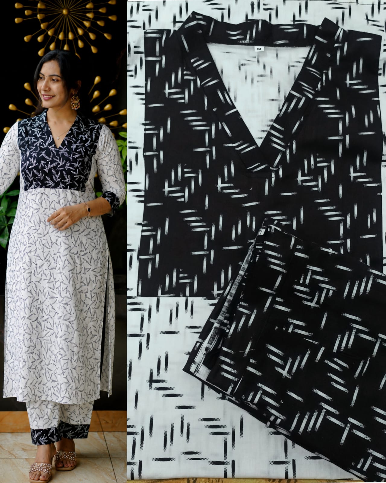 Elegant Black and White Printed Pure Cotton Straight Kurti with Matching Pants Set