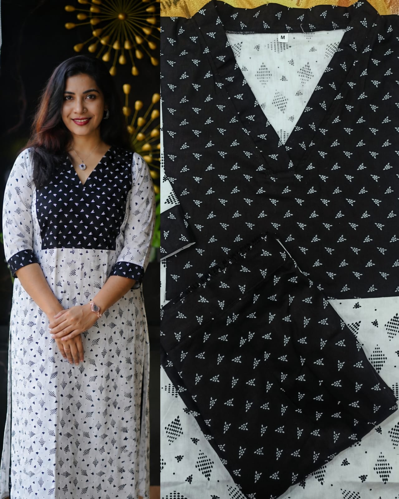 Elegant Black and White Printed Pure Cotton Straight Kurti with Matching Pants Set