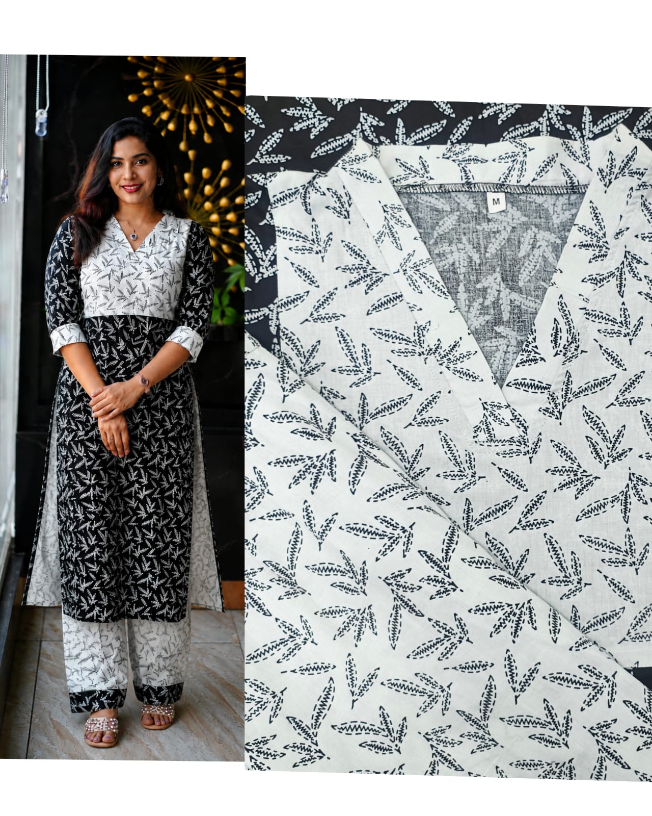 Elegant Black and White Printed Pure Cotton Straight Kurti with Matching Pants Set