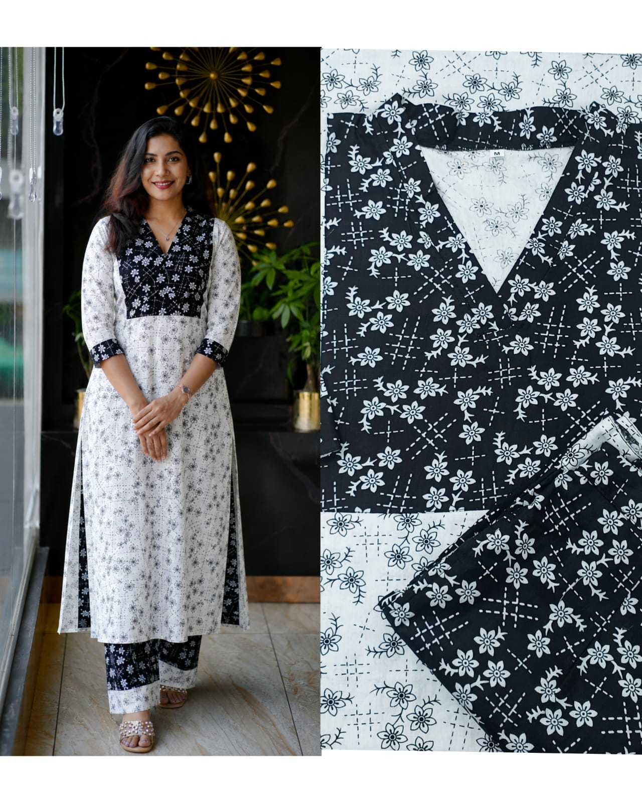 Elegant Black and White Printed Pure Cotton Straight Kurti with Matching Pants Set