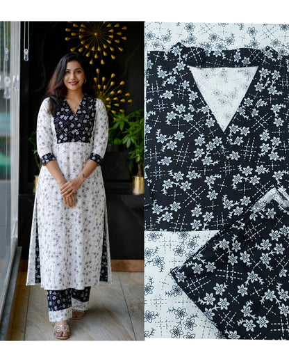 Elegant Black and White Printed Pure Cotton Straight Kurti with Matching Pants Set