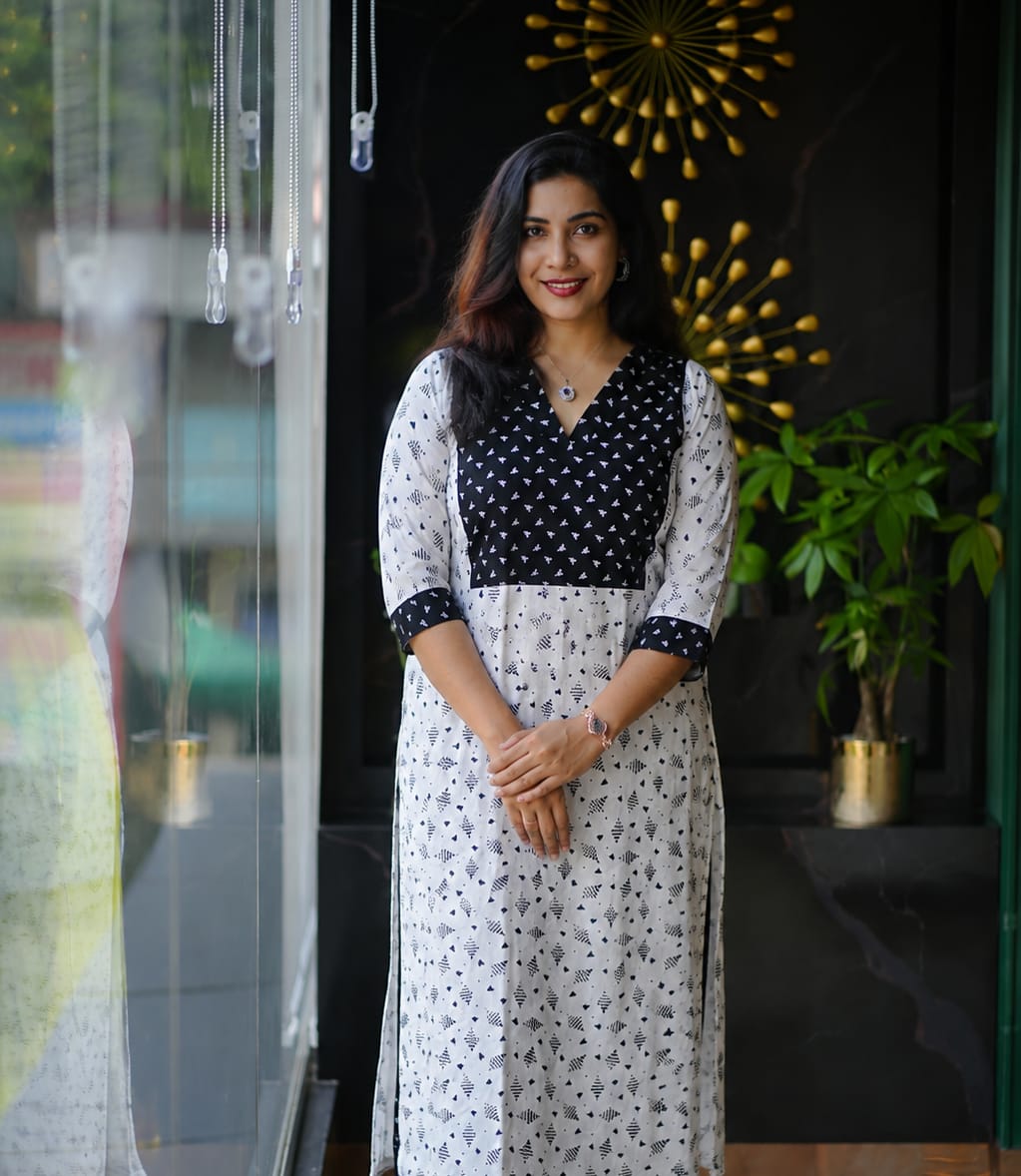 Elegant Black and White Printed Pure Cotton Straight Kurti with Matching Pants Set