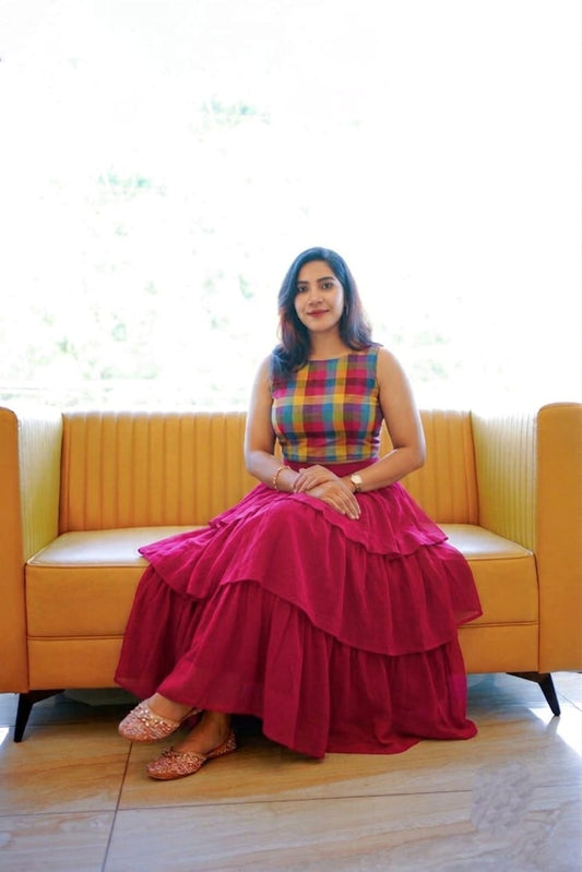 Multi-Color Checked Crop Top and Ruffle Tiered Long Skirt