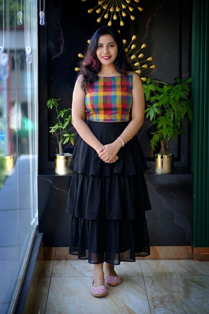 Multi-Color Checked Crop Top and Ruffle Tiered Long Skirt